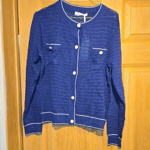 Grace Karin Royal Blue Open-Knit Cardigan with White Trim